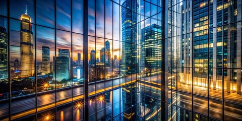 Fototapeta premium Cityscape Reflections from a Rooftop, cityscape, urban, night ,reflection
