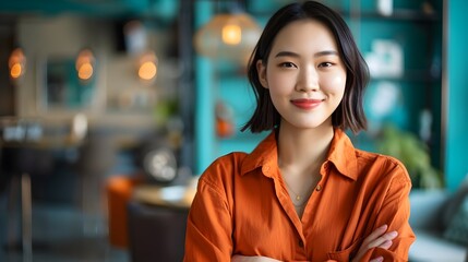 Obraz premium Confident Young Woman Smiling Orange Shirt Cozy Cafe Atmosphere Natural Light Portrait. AI Generated