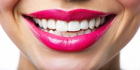 Fototapeta premium Close-up of a Woman's Smiling Lips with Pink Lipstick, Portrait, Makeup, Beauty, Smile, Lips, Pink Lipstick