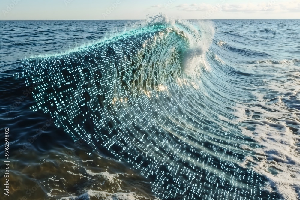 Poster digital ocean wave. a fusion of binary code and nature in a futuristic water scene