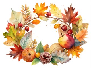 Watercolor autumn wreath with leaves, fruits, and a pine cone on a white background