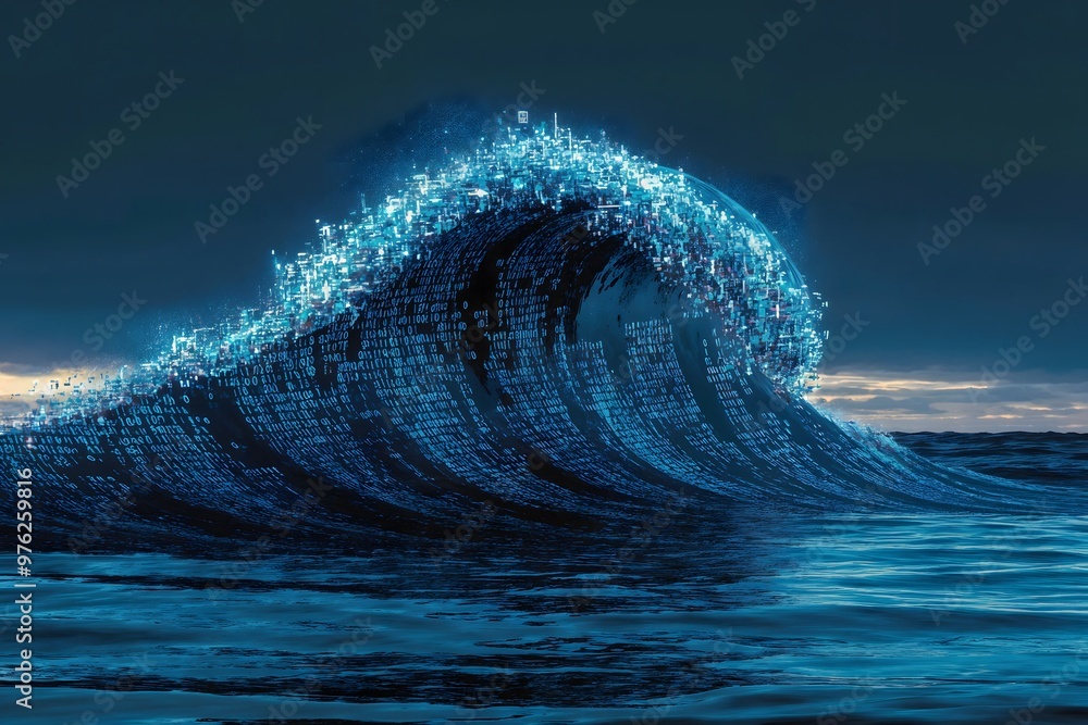 Poster binary data wave. the convergence of nature and technology in a futuristic oceanic scene