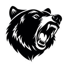 a black and white illustration of a bear's head. The bear's face is facing towards the right side of the image, with its mouth open wide, showing sharp teeth and sharp claws