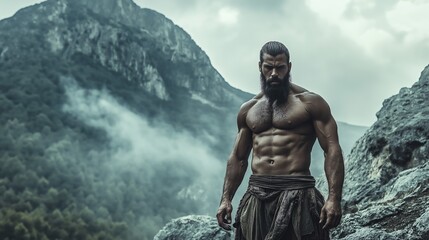 Spartan warrior training in a rugged mountain landscape, showcasing physical endurance and discipline, ancient Greek fitness regime.