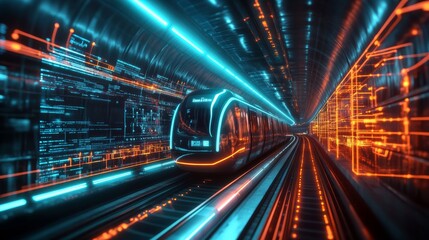 Futuristic Train in Tunnel with Neon Lights.