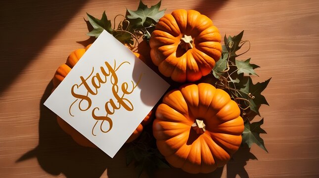  A festive pumpkin surrounded by colorful leaves on a wooden background, celebrating Thanksgiving and promoting safety.
