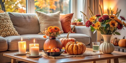 Cozy Autumn Living Room with Pumpkins and Candles, Fall Decor, Interior Design , Cozy Home , Autumn , Interior