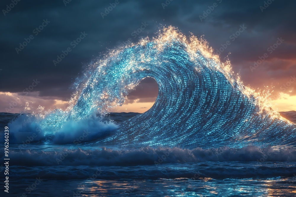 Poster binary data wave. the convergence of nature and technology in a futuristic oceanic scene