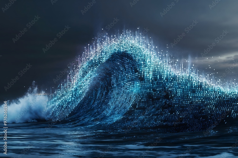 Poster binary data wave. the convergence of nature and technology in a futuristic oceanic scene