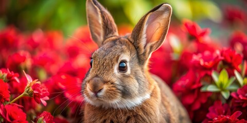 Curious Bunny Among Red Flowers, Close-up, Adorable, Nature, Wildlife, Pet, Animal