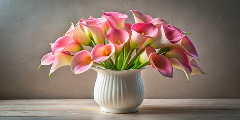 Obraz premium Delicate Pink Calla Lilies in White Vase on Wooden Table, Calla Lily, Pink Flower, Floral Arrangement