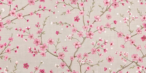 Delicate Watercolor Pink Cherry Blossom Seamless Pattern on Linen Background, cherry blossom , floral , seamless pattern
