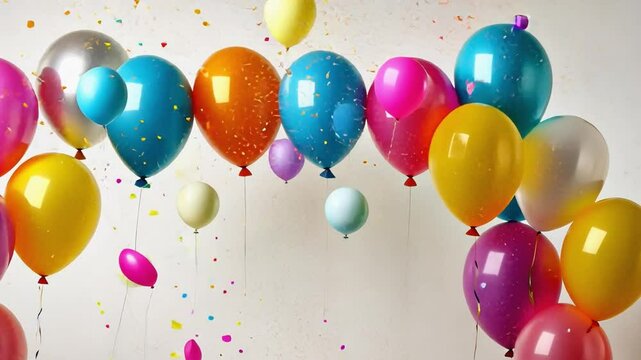 Colorful balloons floating with falling confetti on white background