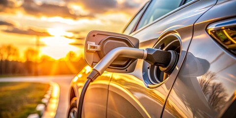 Obraz premium Electric Car Charging at Sunset, Golden Hour, EV, Charging Station, Plug In