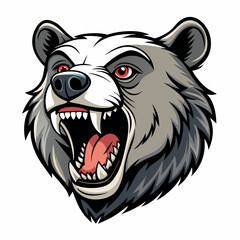 a black and white illustration of a bear's head. The bear's face is facing towards the right side of the image, with its mouth open wide, showing sharp teeth and sharp claws