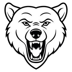 a black and white illustration of a bear's head. The bear's face is facing towards the right side of the image, with its mouth open wide, showing sharp teeth and sharp claws