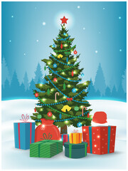 Christmas tree with decorations and gift boxes. Holiday background. Merry Christmas and Happy New Year. Vector illustration