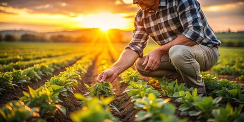 Farmer's Hands Inspecting Crops at Sunset, Agriculture, Farming, Sunset