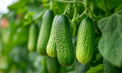 Fresh Cucumbers Growing in a Lush Garden During the Warm Summer Afternoon Light