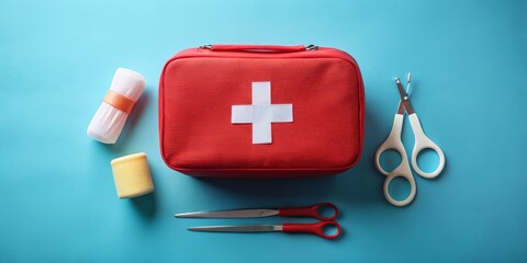 Flat lay of red first aid kit with bandages, scissors and sponge on blue background, First Aid Supplies, Medical Kit, Emergency Kit