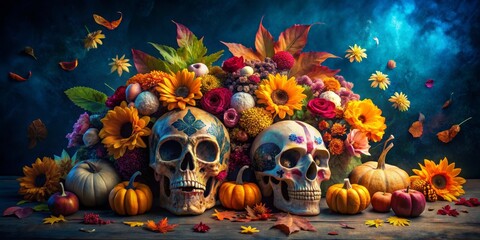 Floral Skull Still Life with Pumpkins and Autumn Leaves, Day of the Dead, Mexican Art, Fall