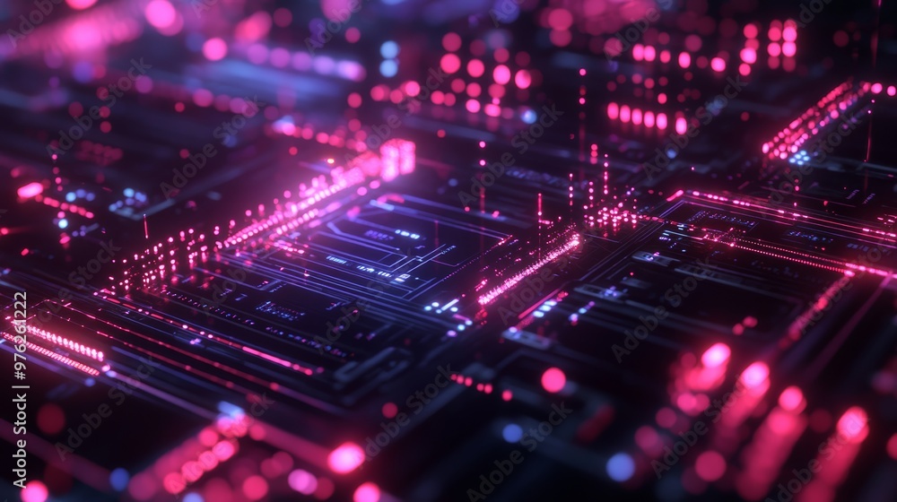 Poster futuristic circuit board with glowing lines and dots.