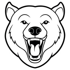a black and white illustration of a bear's head. The bear's face is facing towards the right side of the image, with its mouth open wide, showing sharp teeth and sharp claws