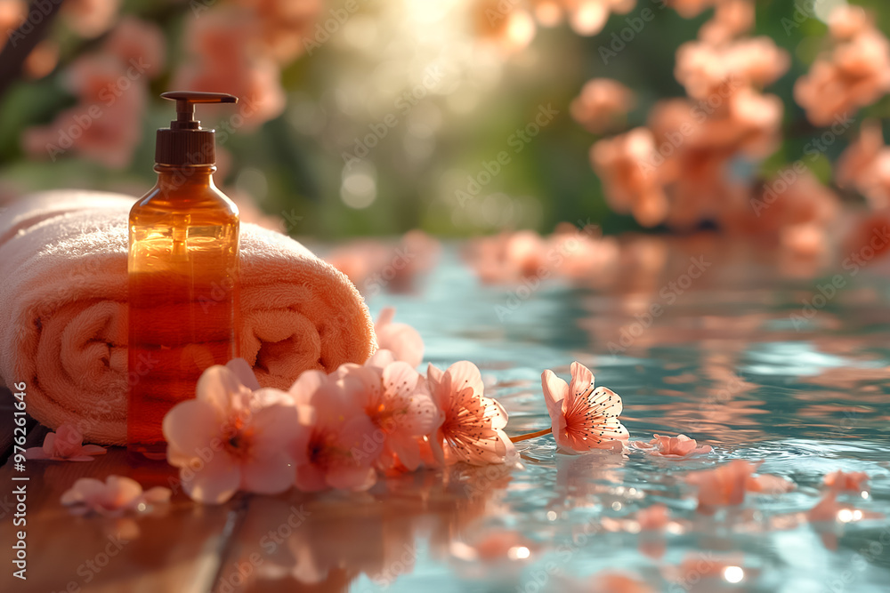 Poster a serene spa setting featuring a bottle of lotion positioned next to a soft towel, surrounded by del