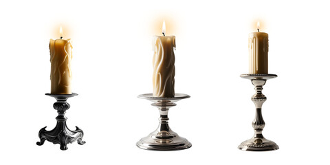 Candle with antique candle stand set with fire isolated on white and transparent background