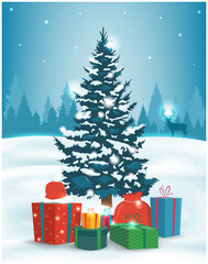 Christmas tree with decorations and gift boxes. Holiday background. Merry Christmas and Happy New Year. Vector illustration