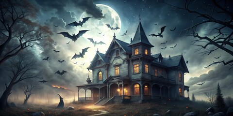 Haunted Victorian Mansion Under Full Moon, digital art, gothic, spooky, halloween, haunted house, bats