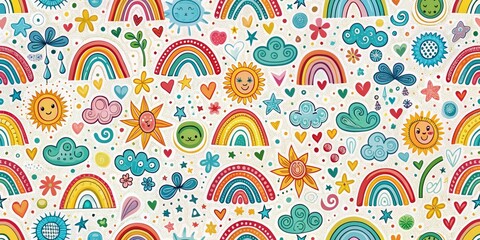 Naklejka premium Happy Rainbow Sun and Cloud Seamless Pattern, rainbow, sunshine, clouds ,cute