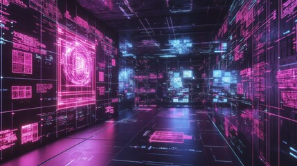 Fototapeta premium Neon Cyber Space Room.