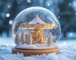 Boule à neige avec manège en bois entouré de sapins