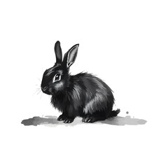 A black and white drawing of a rabbit looking up. bluish black rabbit vector art logo illustration