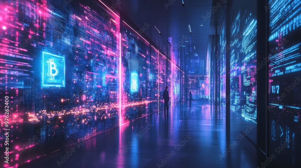 Poster futuristic corridor with bitcoin symbol and digital code.
