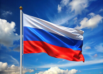A majestic Russian flag waves intensely in the strong wind, proudly standing out against a dramatic dark cloudy sky, evoking feelings of patriotism and strengt