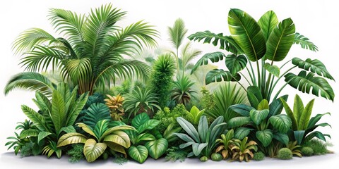 Obraz premium Lush Tropical Foliage Composition with Palm Trees, Banana Leaves, and Lush Greens, Tropical plants, Green foliage, Jungle