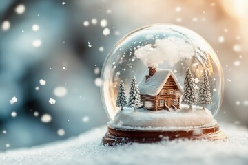 Boule à neige avec petite maison en bois et sapins enneigés