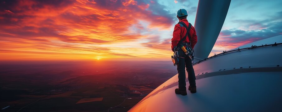 A windmill technician in a safety harness repairs a large rotor blade against a vivid sunset, symbolizing renewable energy maintenance