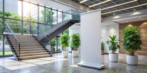 Fototapeta premium Modern Lobby with Blank Banner for Advertisement, Corporate Interior Design, Office Space, Lobby Design, Modern Architecture