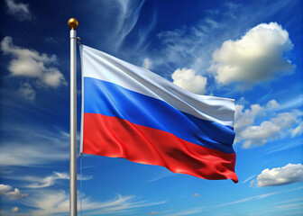 A majestic Russian flag waves intensely in the strong wind, proudly standing out against a dramatic dark cloudy sky, evoking feelings of patriotism and strengt