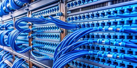 Network Switch with Blue Cables, Networking , Data Center, Server Room