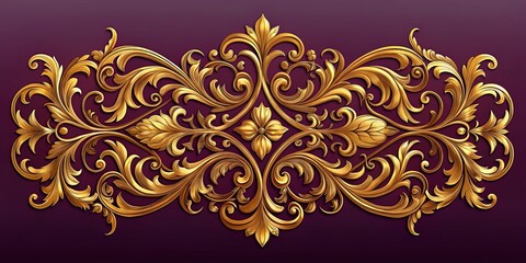 Ornate Golden Floral Design on a Purple Background, 3D Rendered, Luxury, Decoration, Ornamentation