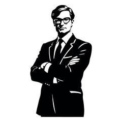 a black and white silhouette of a man in a suit and tie. He is standing with his arms crossed in front of him and is facing towards the left side of the image