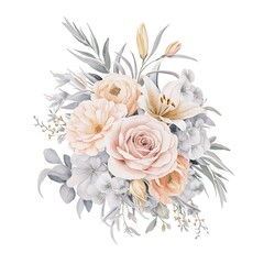 Fototapeta premium Hand drawn watercolor bouquet on white background. Beautiful gentle flowers in the composition. Roses. Design for card, invitation