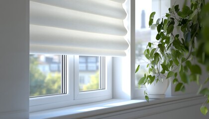 Fototapeta premium Soft Morning Light Filters Through Sheer Window Shades in a Cozy Indoor Setting With Plants