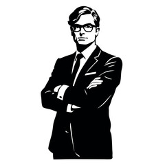 a black and white silhouette of a man in a suit and tie. He is standing with his arms crossed in front of him and is facing towards the left side of the image