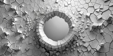 Shattered Geometric Wall with Circular Opening, 3D Render, Abstract Background, White, Modern, Minimalist, Geometric Design