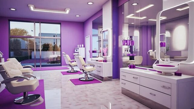 Beauty salon interior design featuring white and purple colors